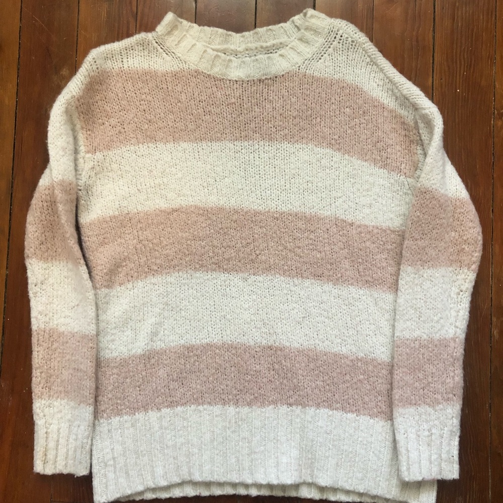 Pale pink and white thick striped sweater